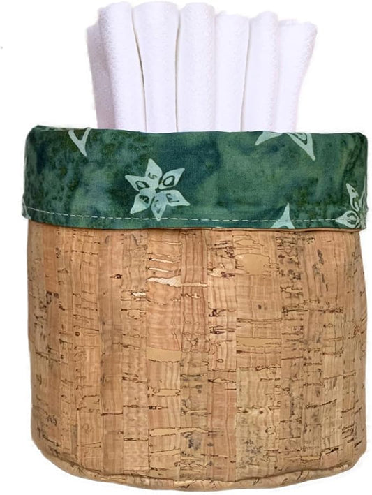 Reusable Paper Towel Set/Towels & Cork Fabric Basket/American Made/Machine Washable/Absorbent and Durable Edges & No Pilling (Reversible Green Star & Cork Basket, 6 Pack Cloths)