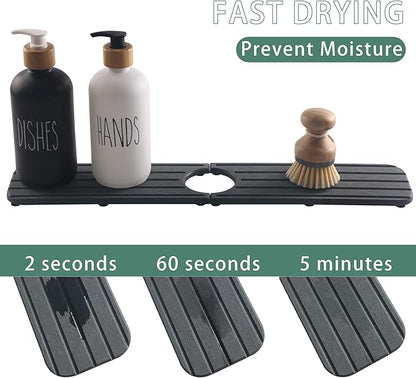 NiuYichee 20inch x 4inch Kitchen Sink Faucet Mat, Water Absorbing Stone Faucet Splash Guard for Bathroom Counter, Quick Drying Diatomite Tray for Kitchen Sink, Dark Gray