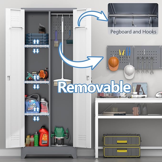 Metal Storage Cabinet with Lockable Doors, 65" Steel Utility Cabinet for Garage & Home Office, Tall Broom Closet with Adjustable Shelves, Vents & Cable Hole for Tools, White/Grey