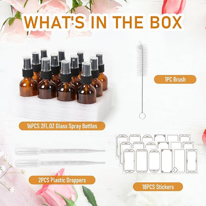 Jaisie.W 16 Pack 2oz Amber Glass Spray Bottles with Fine Mist Sprayer, Small Empty Refillable Containers for Essential Oils, Perfumes, Travel, Cleaning – Includes Labels, Droppers & Brush