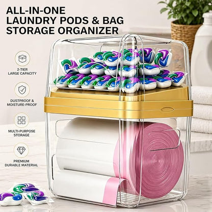 2-in-1 Trash Bag Dispenser & Laundry/Dishwasher Pods Container, Clear Acrylic Garbage Bag Holder with Removable Lids, Under Sink Organizer Kitchen Pantry Storage Box