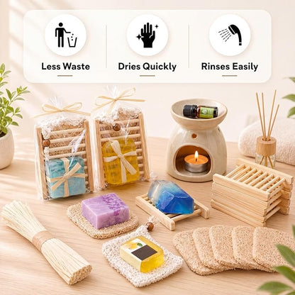 Threehoney 72 Pcs Soap Saver Set Including Wooden Dish Exfoliating Bag Saver Pads Bulk with 100 OPP Transparent Bags 2 Bundles Paper Ropes for Wedding Homemade Gift Mother‘S Day(Wood Color)