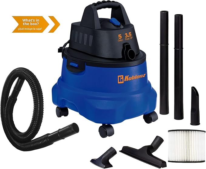 Koblenz WD-5 L2 Wet Dry Vacuum Cleaner, 5 Gallon Shop Vac 3.5 PHP, 3-in-1 Suction & Blower, Swivel Casters, Twist-N-Lock Hose, Large Vacuum Cleaners for Home, Workshop, Car, Blue/Black