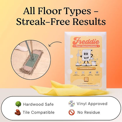 Freddie Floor Cleaning Sheets - Citrus Delight Scent - Plastic Jug-Free - Multi-Surface Cleaner for Hardwood Tile Vinyl - 60 Uses (30 Sheets)