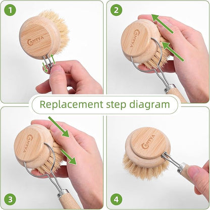 Bamboo Scrub Brush with Handle - Soft Bristles, Non Toxic Dish Brush, Compostable & Biodegradable, Bamboo Dish Scrubber for Cookware, Bowls and Plates, Non-Stick Pans