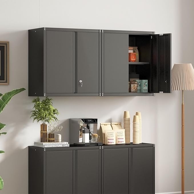 Garage Wall Cabinets,Metal Wall Cabinet for Garage with Locking Doors,Locking Storage Cabinet with Shelf,Wall Mount Cabinet for Home Office,Utility Room,Black