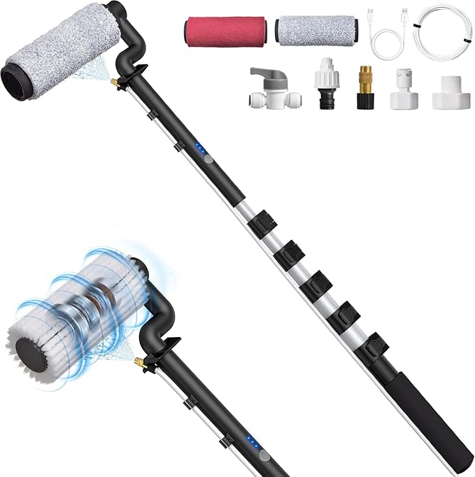 79'' Electric Car Wash Brush with Long Handle, Car Cleaning Brush for Cleaning RV with Water-Fed Pole, Scratch-Free Soft Bristles Car Wash Mop Kit, Complete Car Cleaning Kit for Car Truck RV Boat