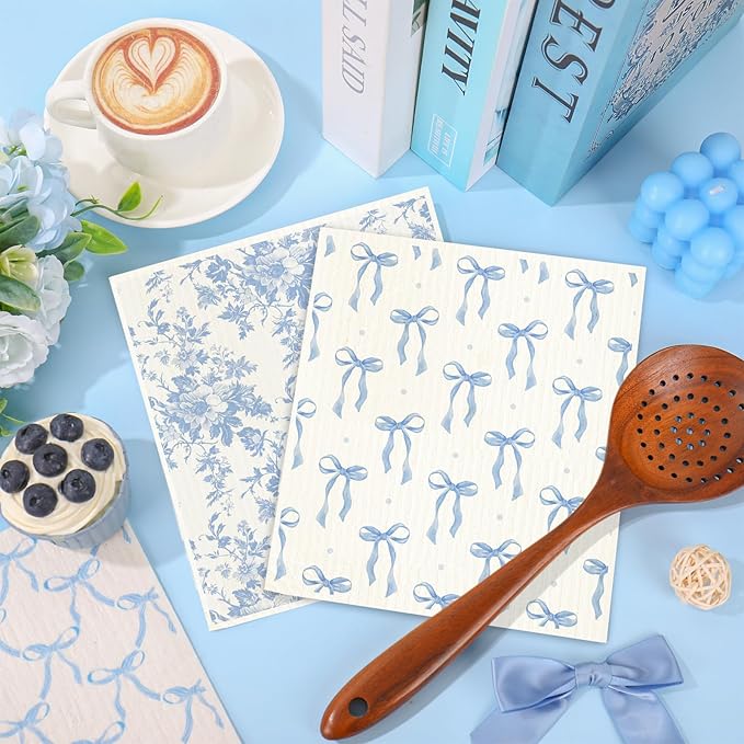 Whaline 6 Pcs Blue White Flower Swedish Dishcloths Chinoiserie Floral Bow Absorbent Decorative Cotton Dish Towel for Home Kitchen Cooking Cleaning Decor Housewarming Gift, 7 x 8 Inch