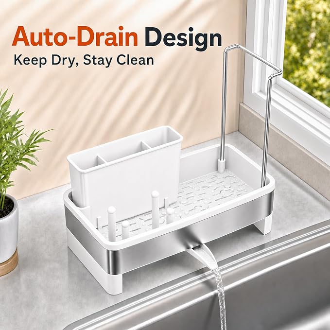 Laveshop Sponge Holder for Kitchen Sink, Rustproof Stainless Steel Sink Caddy with Auto-Drain, Removable Brush Holders, Soap and Dishcloth Organizer, White