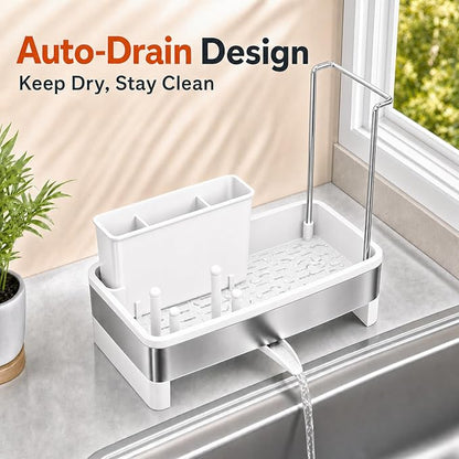 Laveshop Sponge Holder for Kitchen Sink, Rustproof Stainless Steel Sink Caddy with Auto-Drain, Removable Brush Holders, Soap and Dishcloth Organizer, White