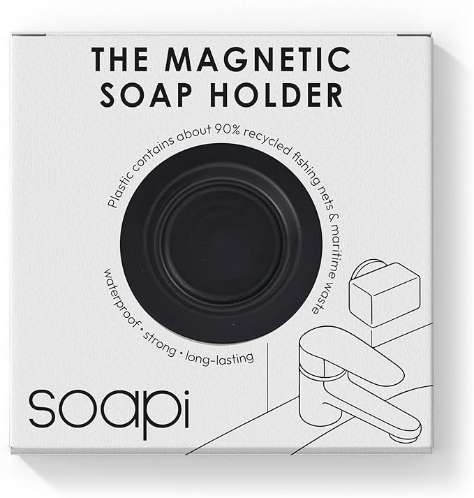 Magnetic Soap Holder – No-Drill Installation – Space-Saving Wall Soap Dish – Wall Mounted, Eco-Friendly Bar Soap Holder – Recycled Ocean Plastic – Stick Anywhere - Soapi (Black)