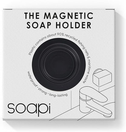 Magnetic Soap Holder – No-Drill Installation – Space-Saving Wall Soap Dish – Wall Mounted, Eco-Friendly Bar Soap Holder – Recycled Ocean Plastic – Stick Anywhere - Soapi (Black)