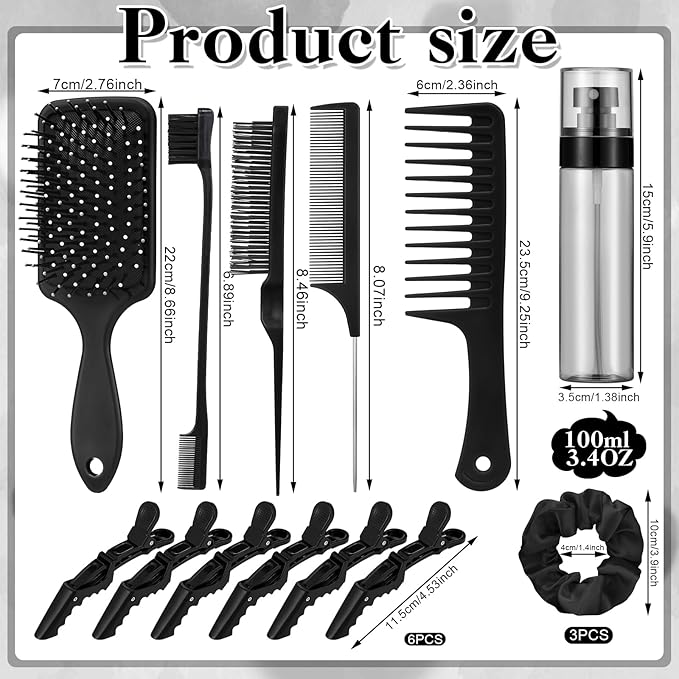 15 Pcs Slick Back Hair Brush Set, Bristle Comb with Spray Bottle,Hair Clip,Edge Brush for Women, Men (Black)