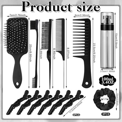15 Pcs Slick Back Hair Brush Set, Bristle Comb with Spray Bottle,Hair Clip,Edge Brush for Women, Men (Black)