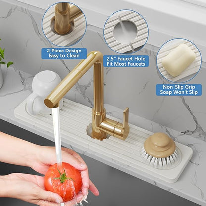 24'' Longer Stone Faucet Mat for Kitchen Sink [Super Absorbent, 30s Quick Drying] Water Absorbing Stone Tray for Sink Stone Mat for Kitchen Sink Stone Quick Dry Around Faucet Diatomite Stone Sink Tray