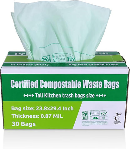 Compostable Trash Bags 13 Gallon | 30 Count Tall Kitchen Compost Bags, Food Waste Bags, Certified Compost Bags, Certified by BPI and by TÜV AUSTRIA, Extra Thick 0.87