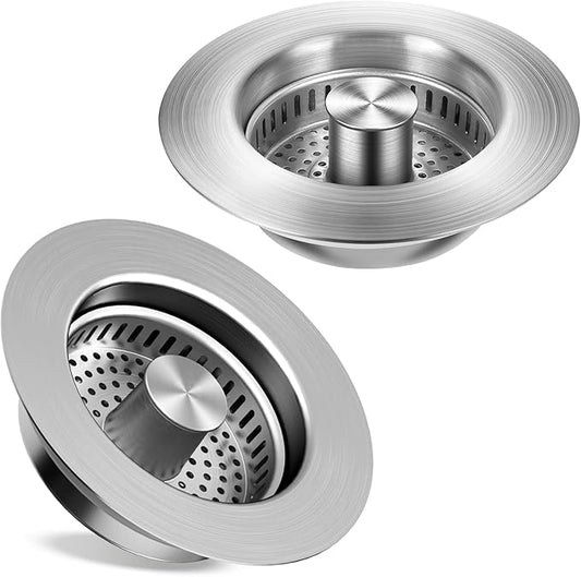 Kitchen Sink Drain Strainer 2 Pack, 304 Stainless Steel Pop Up Sink Stopper, Anti-Clogging Sink Drain Strainer for US Standard Kitchen Drain (SUS304 Brushed)