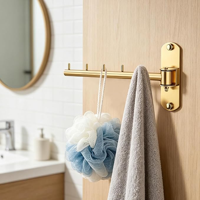 Pack of 2 Folding Wall Mounted Clothes Hanger Rack with Swing Arm Stainless Steel Heavy Duty Coat Hook for Bathroom, Bedroom, Laundry Room - Gold