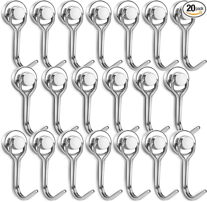 E BAVITE Swivel Swing Magnetic Hook New Upgraded, 30LB（20pack） Refrigerator Magnetic Hooks,Strong Neodymium Magnet Hook, Perfect for Refrigerator and Other Magnetic Surfaces, 60mm(2.36In) in Length