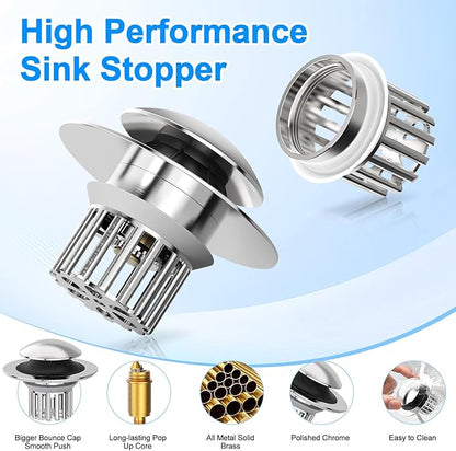 Universal 4 in 1 Bathroom Sink Stopper with Removable Filter Basket, Pop Up Pure Copper Bathroom Sink Drain Strainer, Anti-Clogging Bathroom Drain Stopper Sink Plug for 1.06"-1.65" Basin Drain Holes