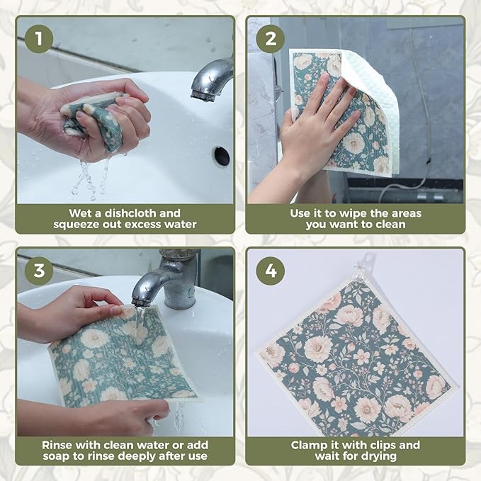 Needbrock 6 Pack William Morris Swedish Dishcloths for Kitchen,Swedish Rags Dish Towels with Clips, Reusable Paper Towel Absorbent Cellulose Sponge Cloths No Odor for Cleaning Home Kitchen