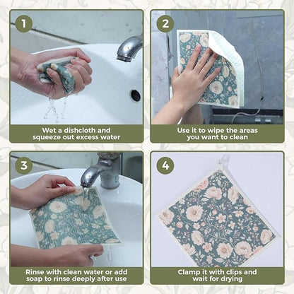Needbrock 6 Pack William Morris Swedish Dishcloths for Kitchen,Swedish Rags Dish Towels with Clips, Reusable Paper Towel Absorbent Cellulose Sponge Cloths No Odor for Cleaning Home Kitchen