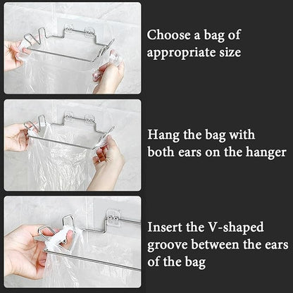 Stainless Steel Trash Bag Holder, Hanging Trash Can Rack for Cabinets/Door/Cupboards/Wall, Plastic Bag Holder with 3Pcs Adhesive Wall Sticker, Kitchen Under Sink Dishcloth Rack
