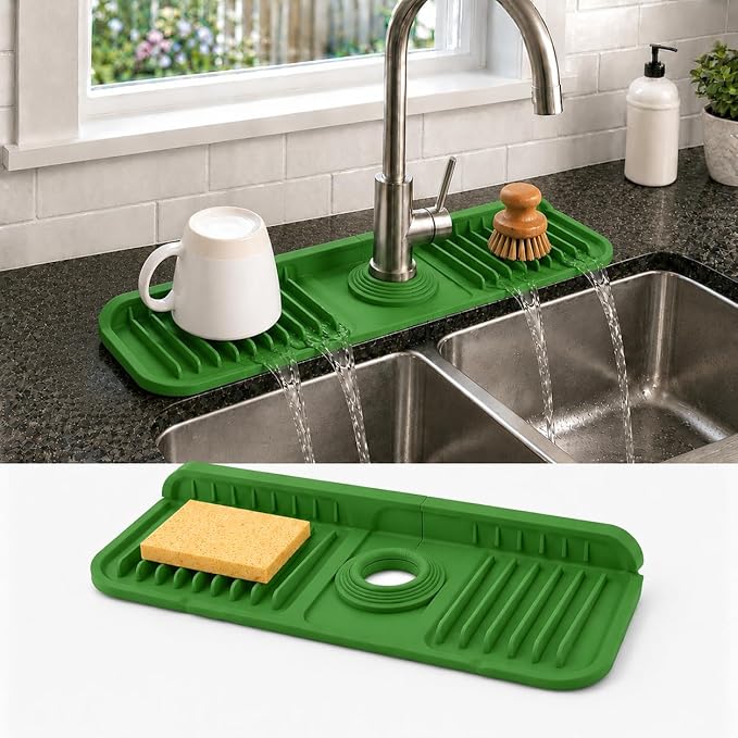14.5" Silicone Faucet Handle Drip Catcher Tray,7° Sloped Self Draining Mat with Snap-on Design & Soap Holder, Sink Splash Guard for Kitchen & Bathroom, Trim-to-Fit Opening