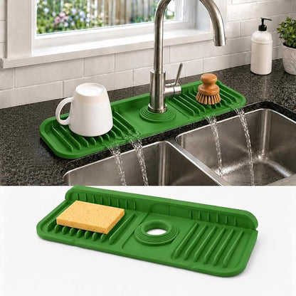 14.5" Silicone Faucet Handle Drip Catcher Tray,7° Sloped Self Draining Mat with Snap-on Design & Soap Holder, Sink Splash Guard for Kitchen & Bathroom, Trim-to-Fit Opening