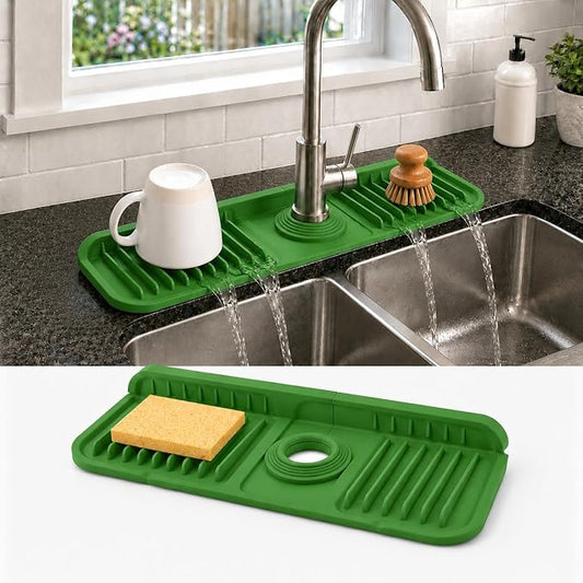14.5" Silicone Faucet Handle Drip Catcher Tray,7° Sloped Self Draining Mat with Snap-on Design & Soap Holder, Sink Splash Guard for Kitchen & Bathroom, Trim-to-Fit Opening
