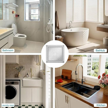 Drain Hair Catcher, 2pcs Square Shower Drain Cover for Bathroom, Drain Strainer, Stainless Steel and Silicone (Square)