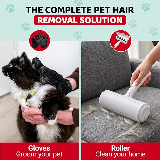 Pet Hair Remover Roller with 2 Grooming Gloves – Reusable Lint Remover for Dogs and Cats (Red)