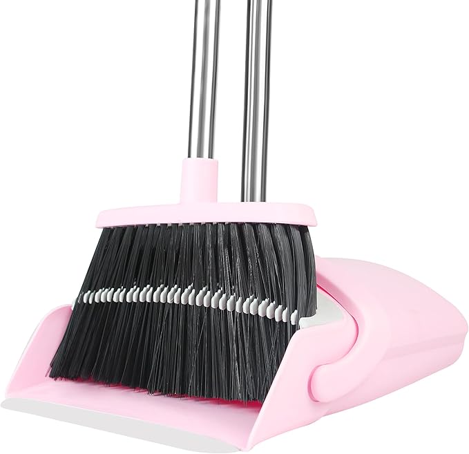BSKLIN Pink Broom and Dustpan Set, 52-in Handle Broom Dustpan Combo Set Household Hand Broom with Dustpan Teeth to Clean Hair for Home Kitchen Office Lobby Sweeping Indoor（Pink）