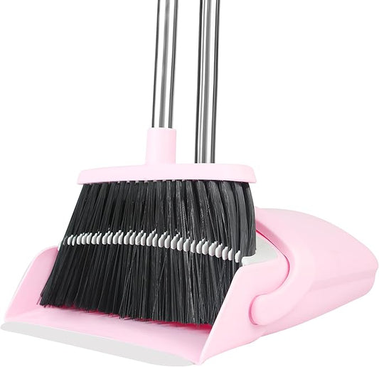 BSKLIN Pink Broom and Dustpan Set, 52-in Handle Broom Dustpan Combo Set Household Hand Broom with Dustpan Teeth to Clean Hair for Home Kitchen Office Lobby Sweeping Indoor（Pink）