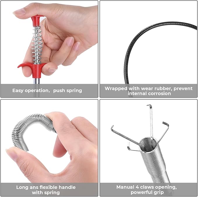 Drain Snake Auger with 4-Claw Grabber, Manual Sink Unclogger Tool, Flexible Cable for Kitchen, Bathroom Floor Drains & Pipes, Food & Hair Clog Remover (40 Inches)