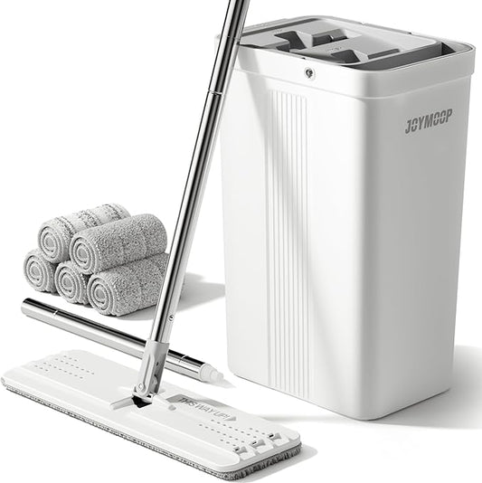 JOYMOOP Mop and Bucket Set, Flat Mops for Household & Commercial Floor Cleaning, Wet Dry Mops for Walls & Hardwood Floors, Wall Cleaner with Long Handle, Includes 5 Microfiber Pads