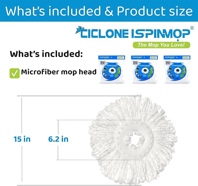 3-Pack Spin Mop Replacement Head - Spin Mop Refill Microfiber - Ciclone Ispinmop 360 Mop Head Refill - Spin Mop Head Replacement - Spin Mop Replacement Mop Pack of 3