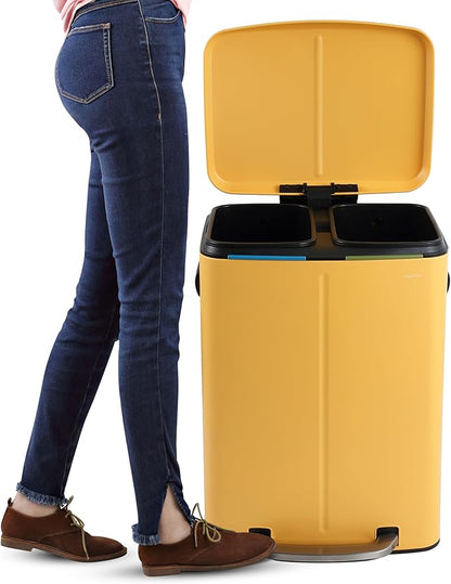 happimess HPM1005L Marco Rectangular 10.6-Gallon Double Bucket Trash Can with Soft-Close Lid, Daffodil Yellow, Fingerprint Resistant, Modern, Minimalistic for Home, Kitchen, Office, Bedroom, Bathroom
