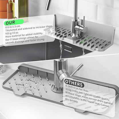 17” x 5.5” Silicone Faucet Handle Drip Catcher Tray Mat, Silicone Faucet Mat Dish Soap Sponge Holder for Kitchen Sink, Drying Mat for Kitchen Counter Bathroom Kitchen Sink Splash Guard - Grey
