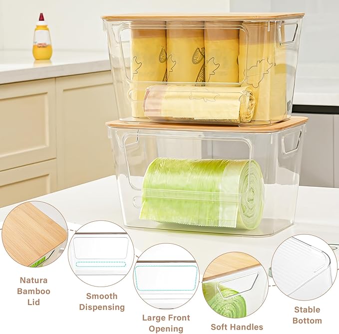 Trash Bag Dispenser, 2 Pack Extra Large Acrylic Trash Bag Holder with Bamboo Lid, Stackable Garbage Bag Holder Dispenser for Kitchen, Trash Bag Organizer for Under Sink, Bathroom, Laundry Room