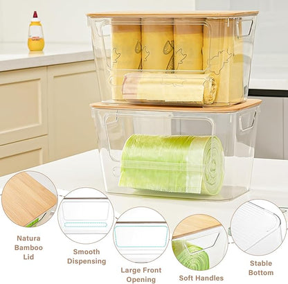 Trash Bag Dispenser, 2 Pack Extra Large Acrylic Trash Bag Holder with Bamboo Lid, Stackable Garbage Bag Holder Dispenser for Kitchen, Trash Bag Organizer for Under Sink, Bathroom, Laundry Room