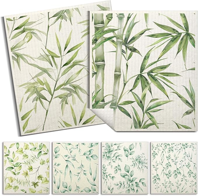 Swedish Dishcloths for Kitchen | 6 Pack Floral Reusable Paper Towels Washable | Swedish Dish Towels | Non-Scratch Cellulose Sponge Cloths | No Odor, Biodegradable Cleaning Cloths, Green Leaves