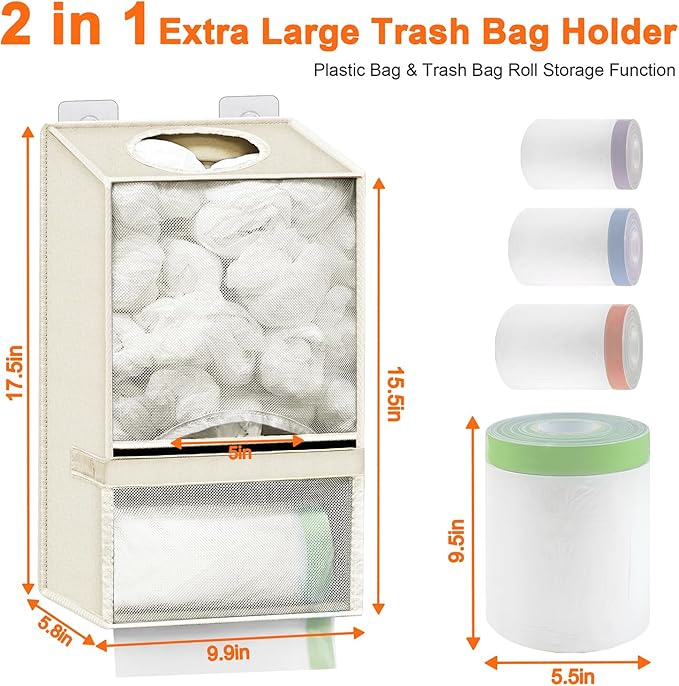 Spaclear Plastic Bag Holder - Large Wall Mount Grocery Bag Holder & Dispenser for Home Kitchen, 2-in-1 Space-Saving Durable Organizer House Necessities, Beige