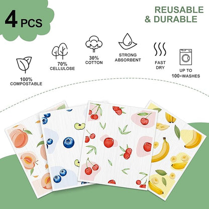 4 PCS Swedish Dishcloths, Reusable Kitchen Dish Cloths, Super Absorbent Cellulose Sponge Cloths, Odor Resistant, Dishwasher Safe & Multi-Purpose Cleaning Cloths