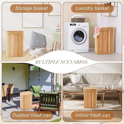 2 Pack 21 Gallon Bamboo Slim Trash Can with Lid Large Foldable Slim Rectangular Garbage Can Laundry Basket Bamboo Waste Basket for Bathroom Bedroom Office Home Salon Spa (Wooden Color)