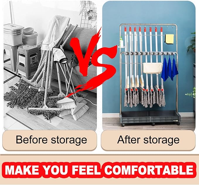 SARKEY Mobile Broom Mop Holder,Broom Mop Holder Cleaning Supplies Organizer,Freestanding Housekeeping Storage With Hanging Hooks Drip Tray,For Garden,Utility Rooms(65x50x175cm(25x20x69in))