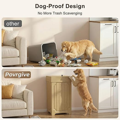 Povrgive Wood Trash Can Cabinet, 13 Gallon Hidden Kitchen Garbage Can with Lid, Farmhouse Dog Proof Trash Can, Metal Ring Included, 16" L x 13" W x 26.5" H, Wood