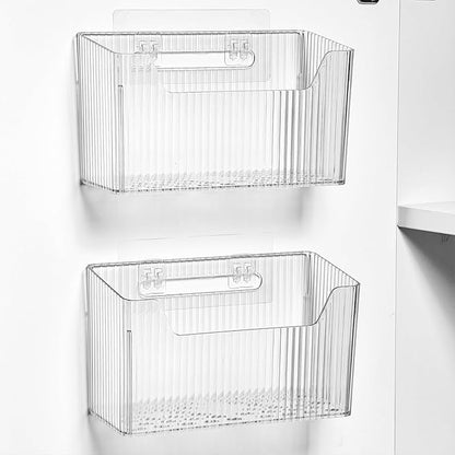 Sinnsally 2 Pack Cabinet Door Organizer,Self Adhesive Lid Organizer Inside Cabinet Storage Boxes,Stackable Hanging Basket Bins Wall Mounted Shower Caddy Holder for Kitchen,Bathroom,Pantry(Clear White)
