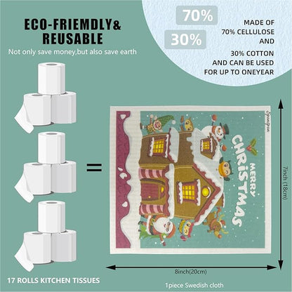 6 - Pack Swedish Kitchen Dish Cloths - Reusable Paper Towels for Counters & Dishes - Eco Friendly Cellulose Sponge Cloth (Xmas)