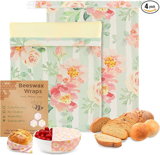 2 Pack Beeswax Bread Bags for Homemade Bread, Includes 2 Wraps, Reusable Organic Cotton Storage for Sourdough & Baguettes, Keep Fresh, Easy to Clean, Ideal for Bakers, Kitchen, Travel